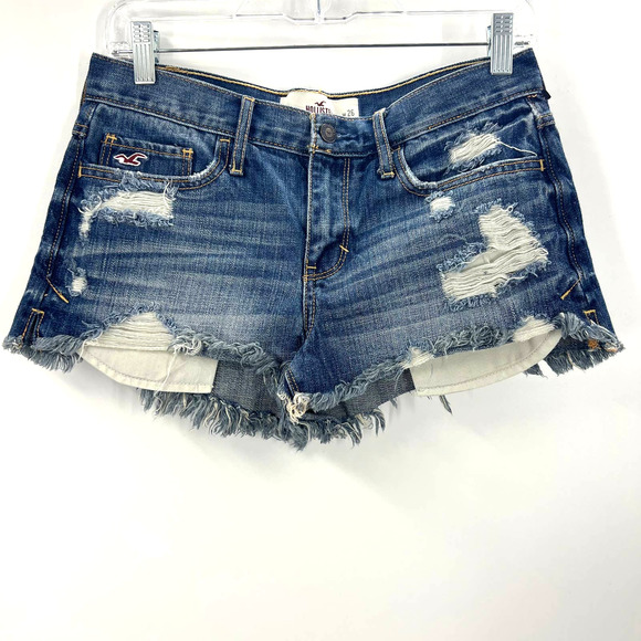 Hollister Distressed Fringe Mini Shorts Medium Wash Women's Size 3 / 28 Waist - Picture 1 of 9